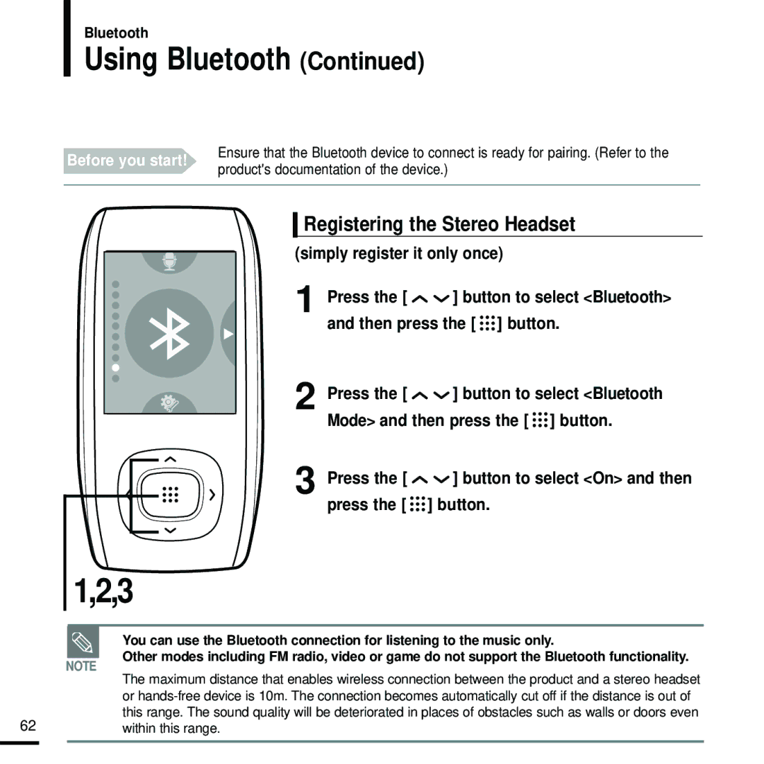 Samsung YP-T9 Using Bluetooth, Registering the Stereo Headset, Press the button to select On and then press the button 