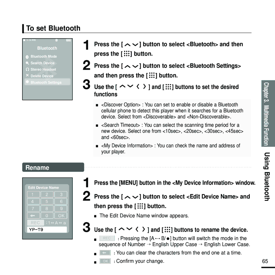 Samsung YP-T9 manual To set Bluetooth, Rename, Functions, Use, Button to select Edit Device Name 