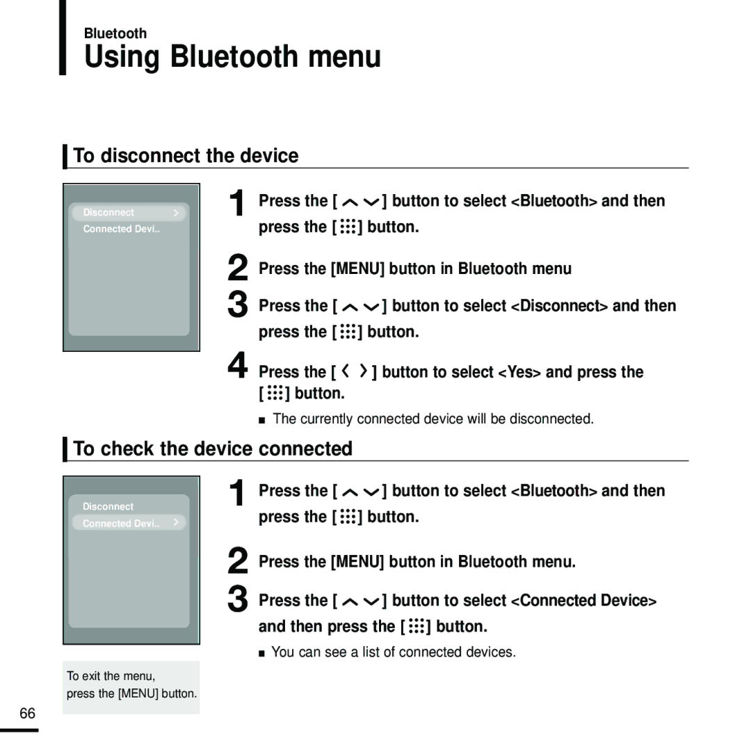 Samsung YP-T9 manual Using Bluetooth menu, To disconnect the device, To check the device connected 