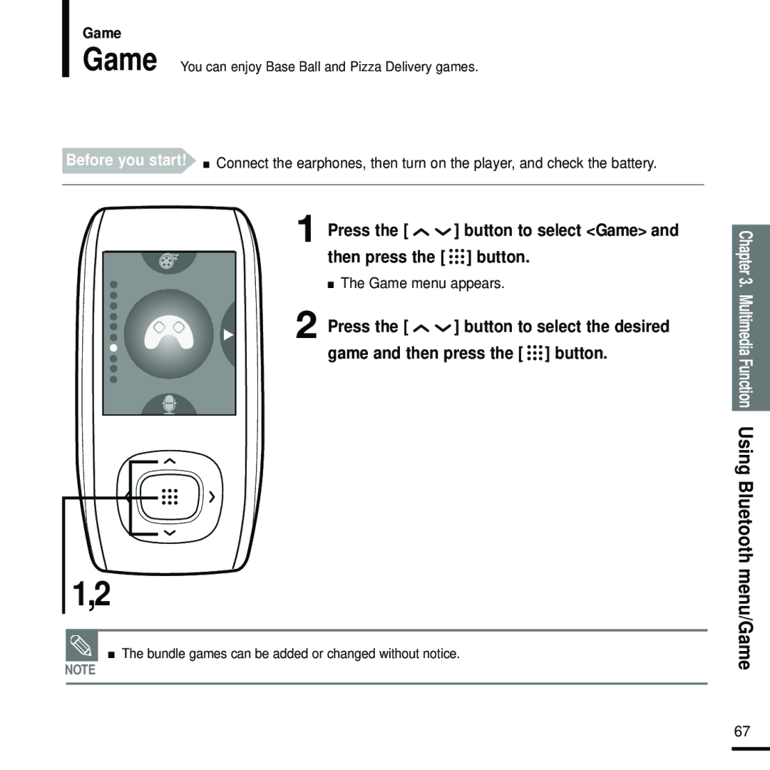 Samsung YP-T9 manual Press the button to select Game and then press the button, Game menu appears 