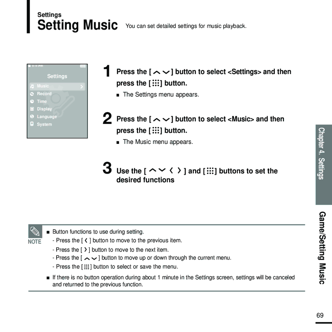 Samsung YP-T9 Press the button to select Music and then press the button, Use Buttons to set Desired functions, Settings 