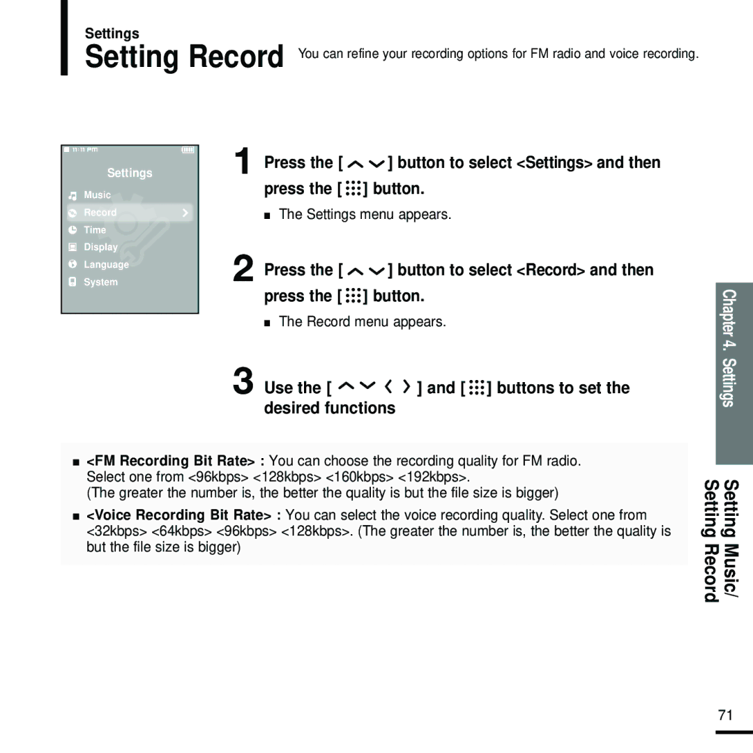 Samsung YP-T9 manual Press the button to select Record and then, Setting Music/ Setting Record, Record menu appears 