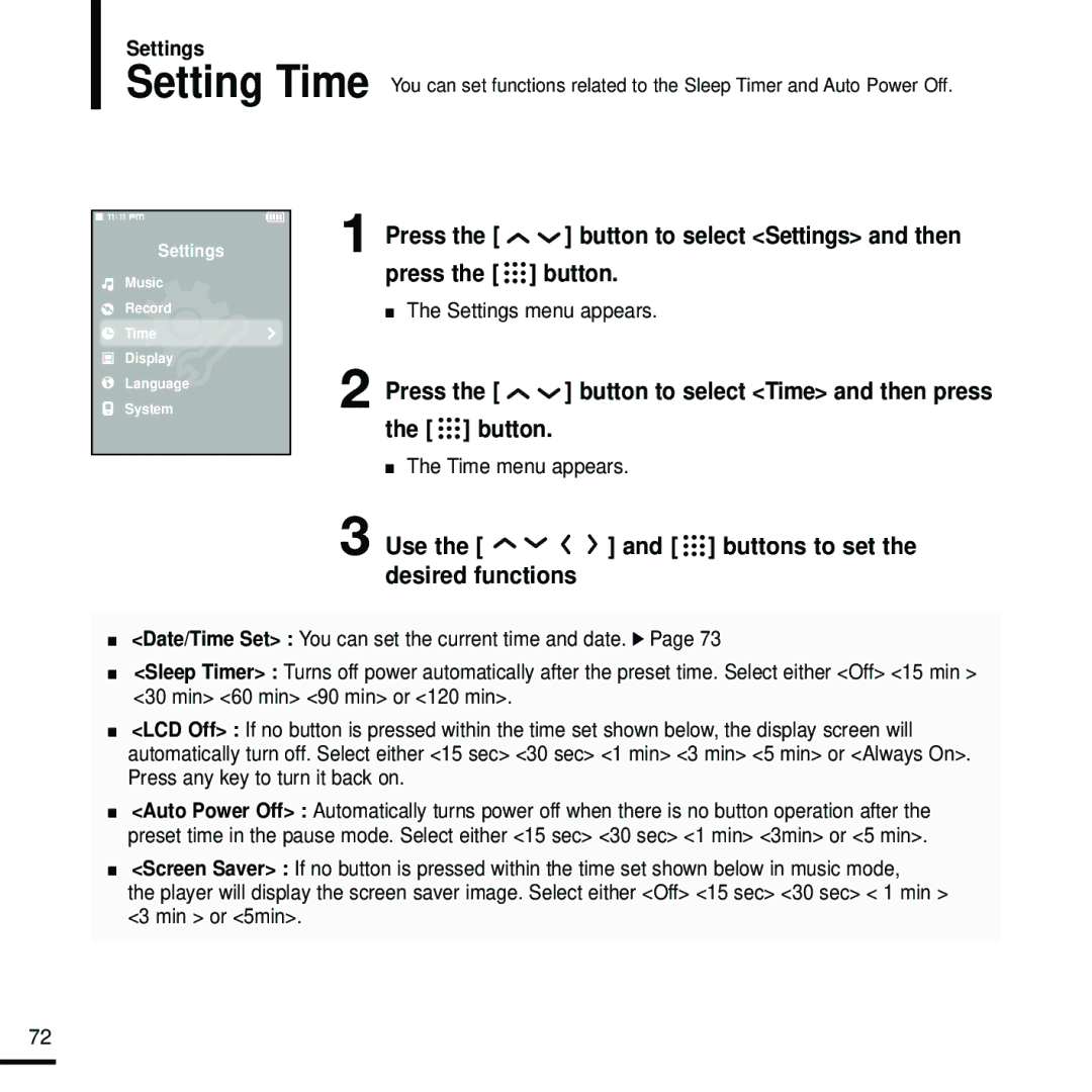 Samsung YP-T9 Press the button to select Time and then press Button, Use the and buttons to set the desired functions 