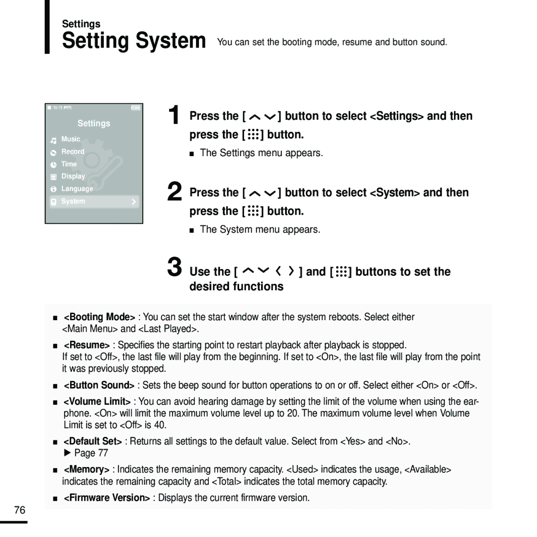 Samsung YP-T9 manual Press the button to select System and then, System menu appears 