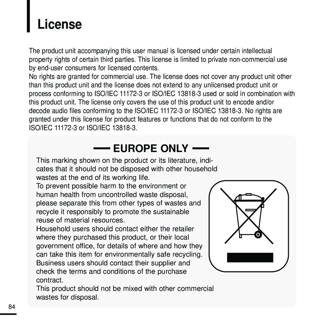 Samsung YP-T9 manual License, Europe only 