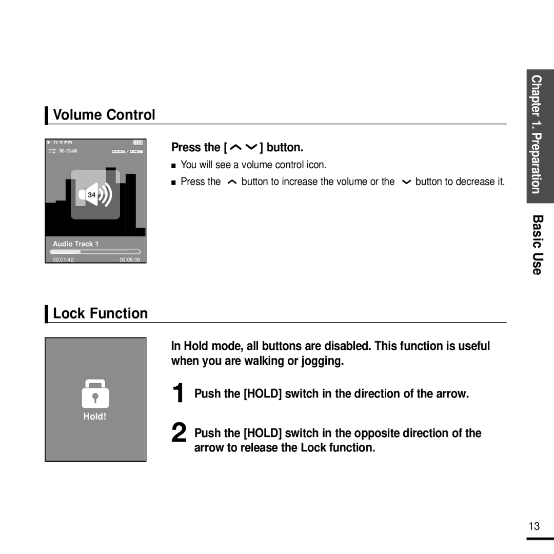 Samsung YP-T9J manual Volume Control, Lock Function, Press the button, You will see a volume control icon 