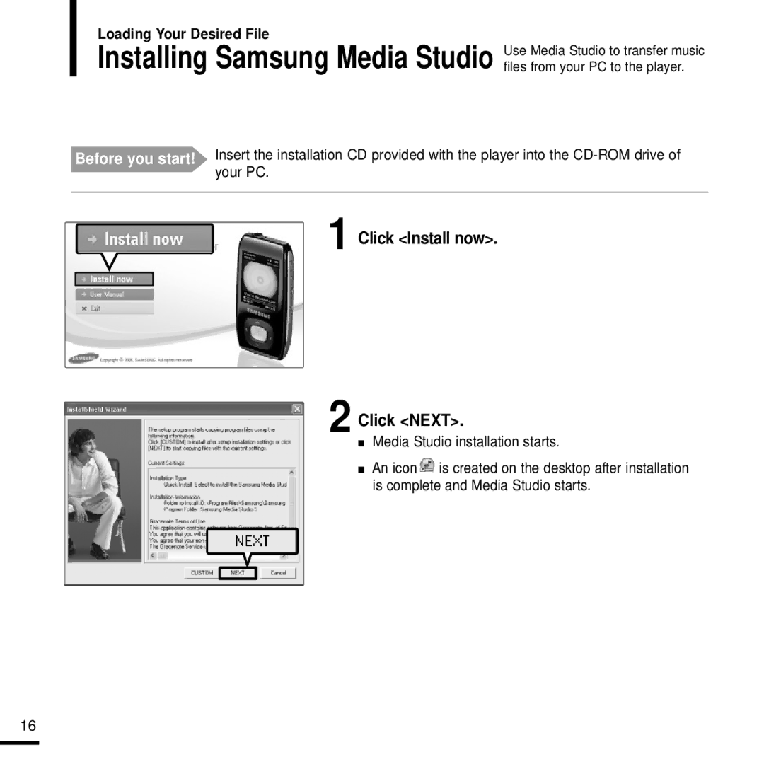 Samsung YP-T9J manual Click Install now Click Next, Media Studio installation starts 