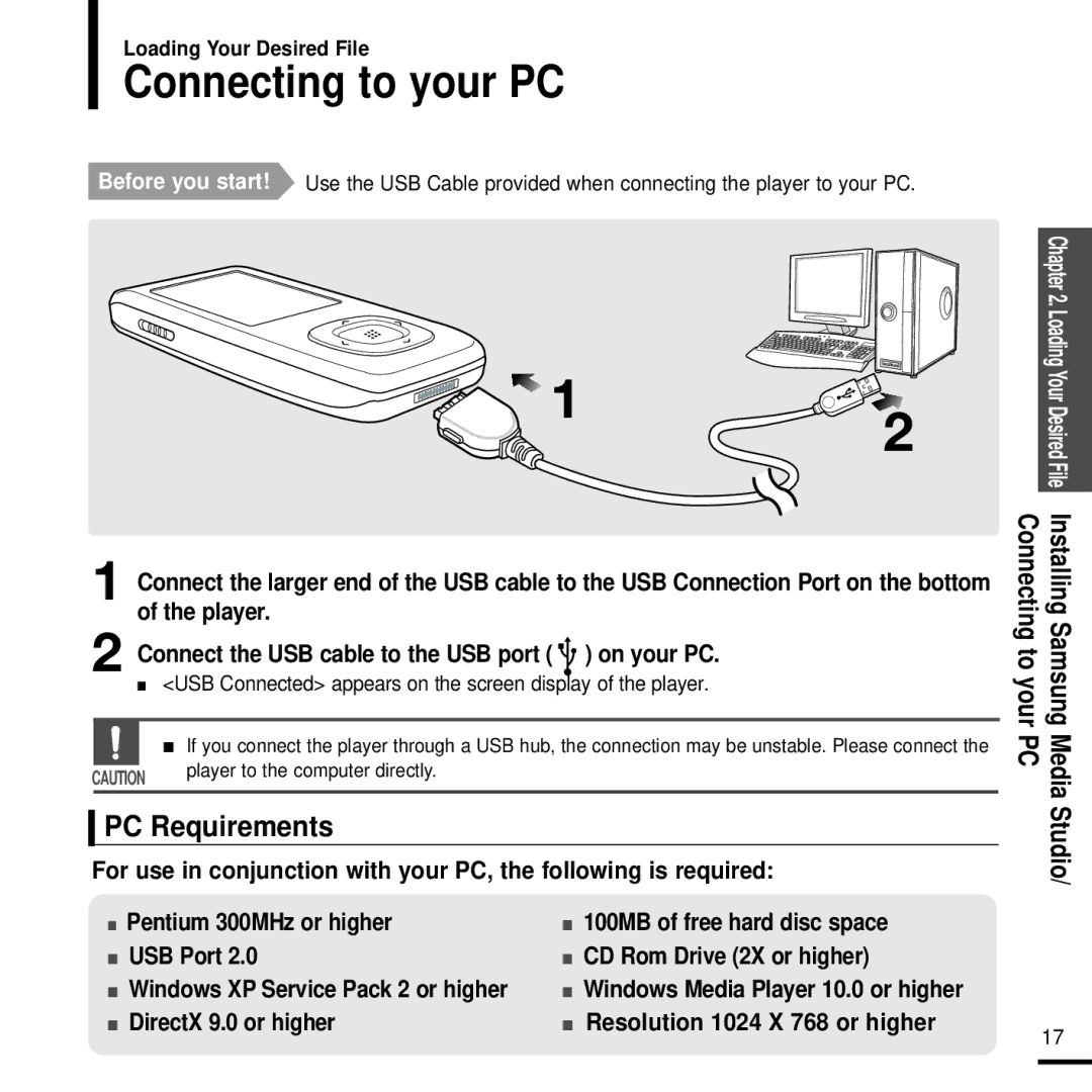 Samsung YP-T9J manual Connecting to your PC, PC Requirements, Studio, Pentium 300MHz or higher USB Port 