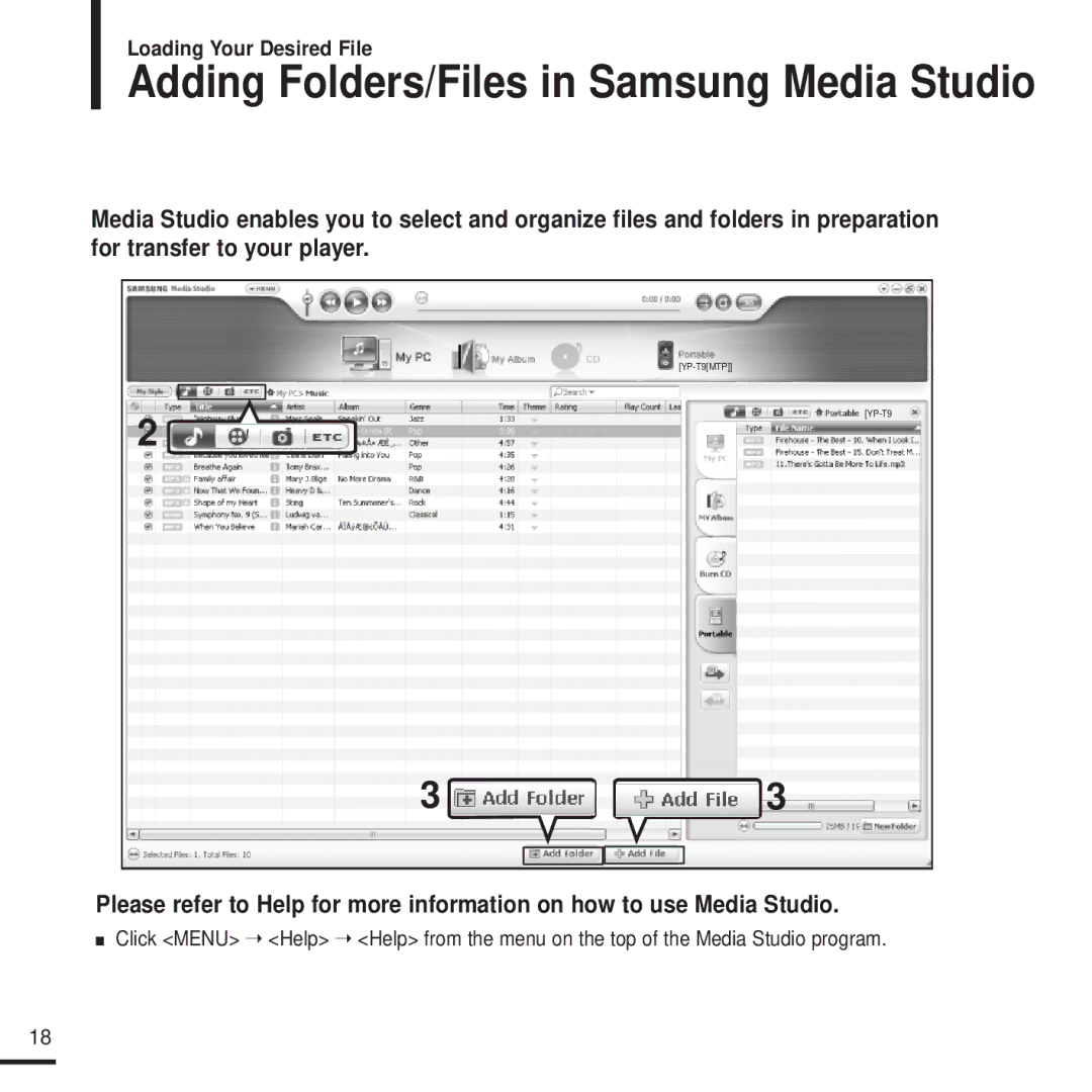 Samsung YP-T9J manual Adding Folders/Files in Samsung Media Studio 