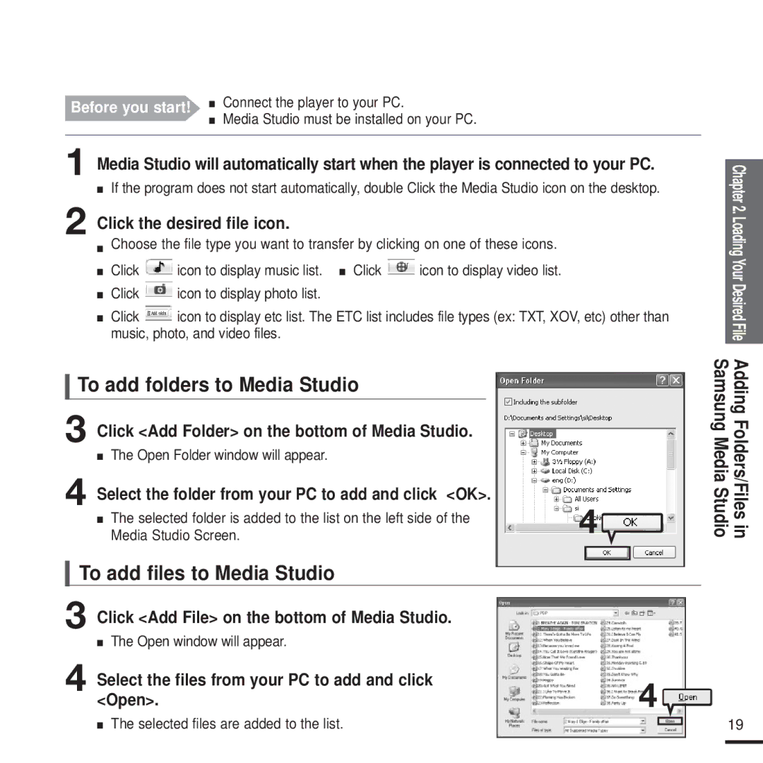 Samsung YP-T9J manual To add folders to Media Studio, To add files to Media Studio 