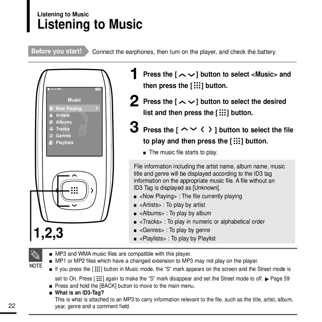 Samsung YP-T9J manual Listening to Music, Music file starts to play 