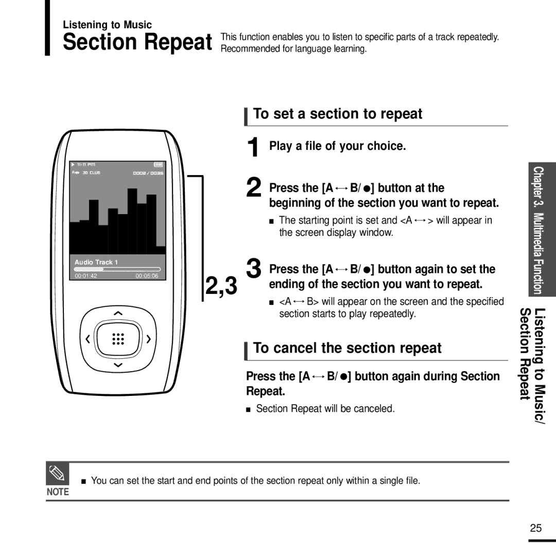 Samsung YP-T9J manual To set a section to repeat, To cancel the section repeat, Play a file of your choice 