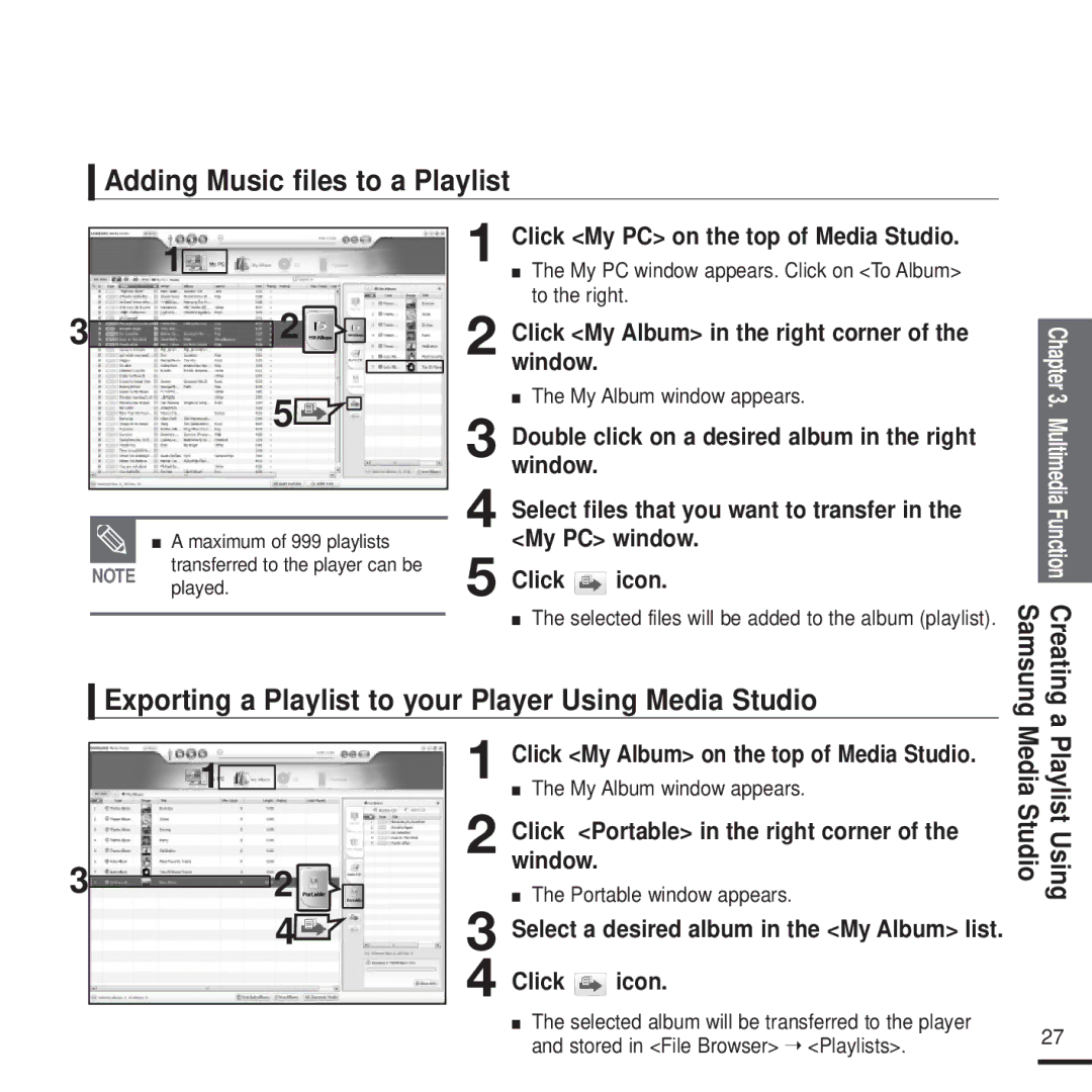 Samsung YP-T9J manual Adding Music files to a Playlist, Exporting a Playlist to your Player Using Media Studio 