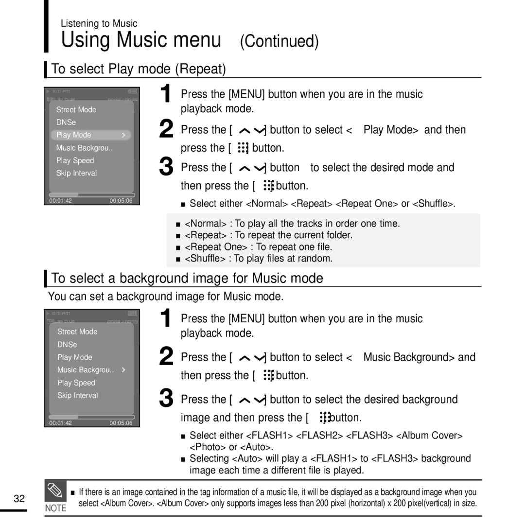 Samsung YP-T9J manual To select Play mode Repeat, To select a background image for Music mode, Playback mode 