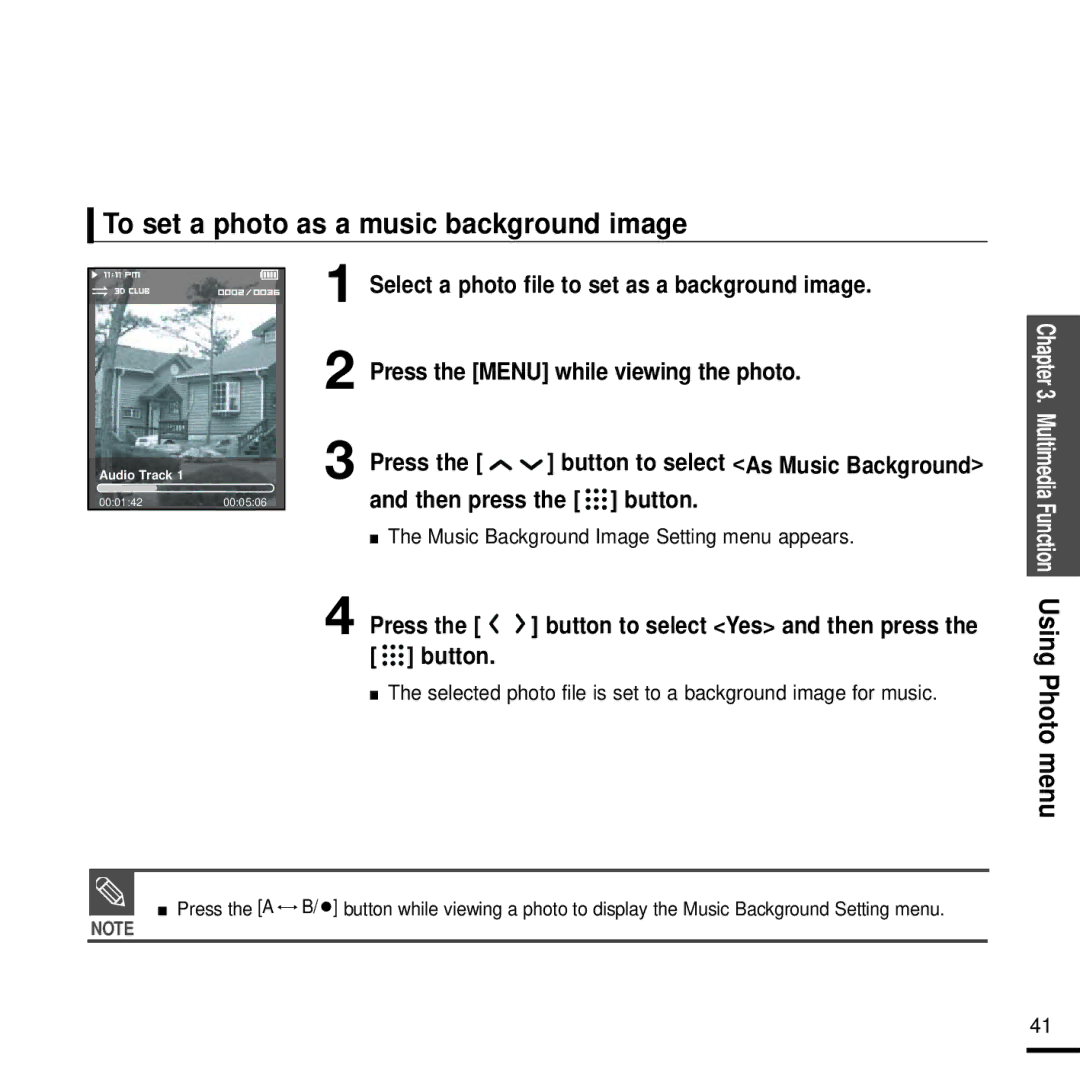 Samsung YP-T9J manual To set a photo as a music background image, Press the button to select Yes and then press the button 