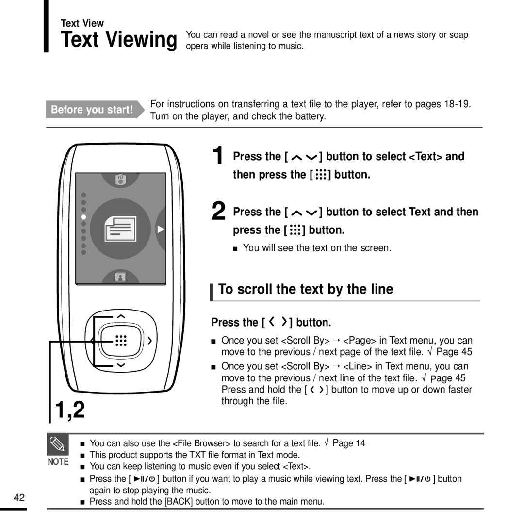 Samsung YP-T9J manual To scroll the text by the line, Press the button to select Text and then press the button, Text View 