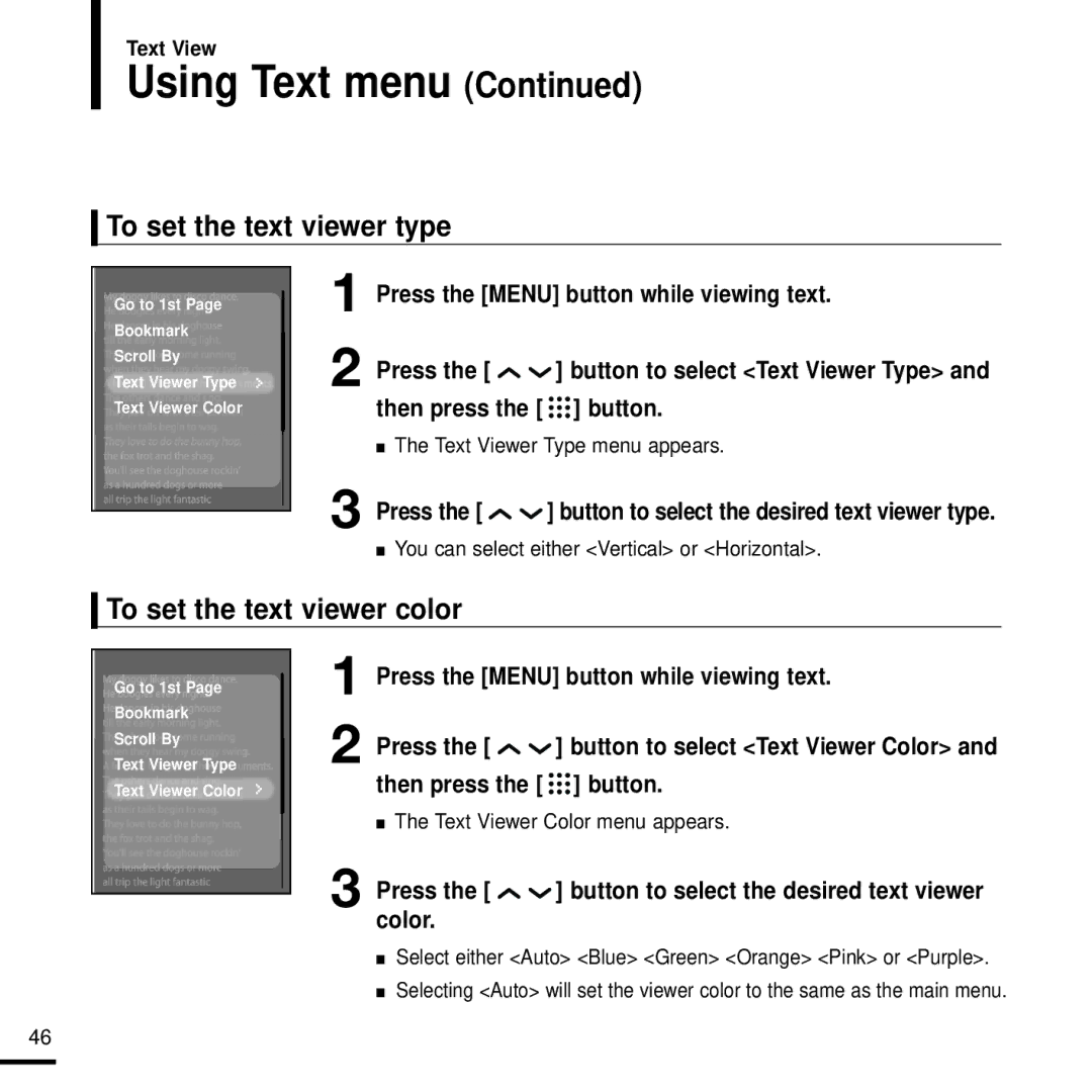 Samsung YP-T9J manual To set the text viewer type, To set the text viewer color 