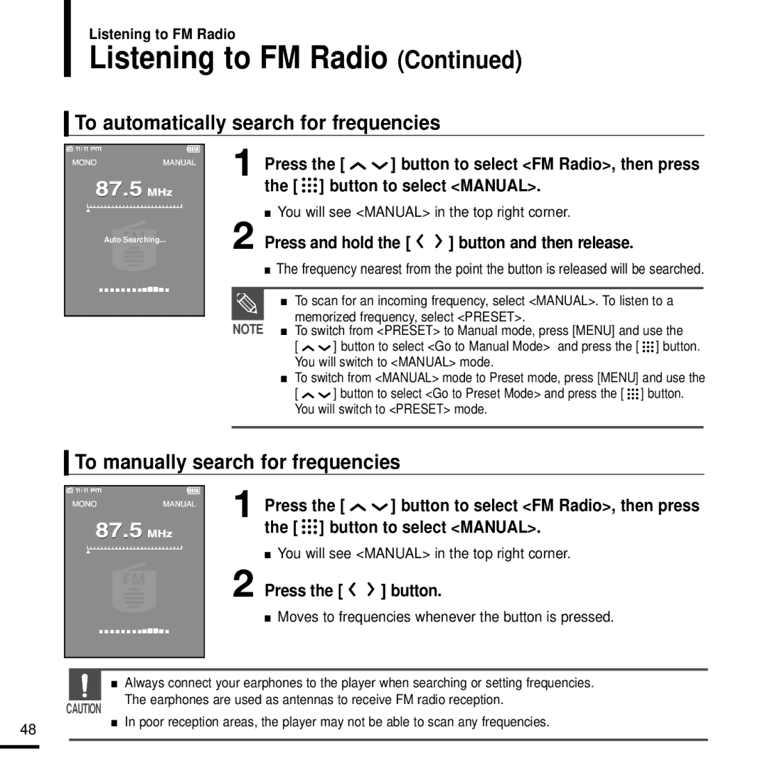 Samsung YP-T9J To automatically search for frequencies, To manually search for frequencies, Button to select Manual 