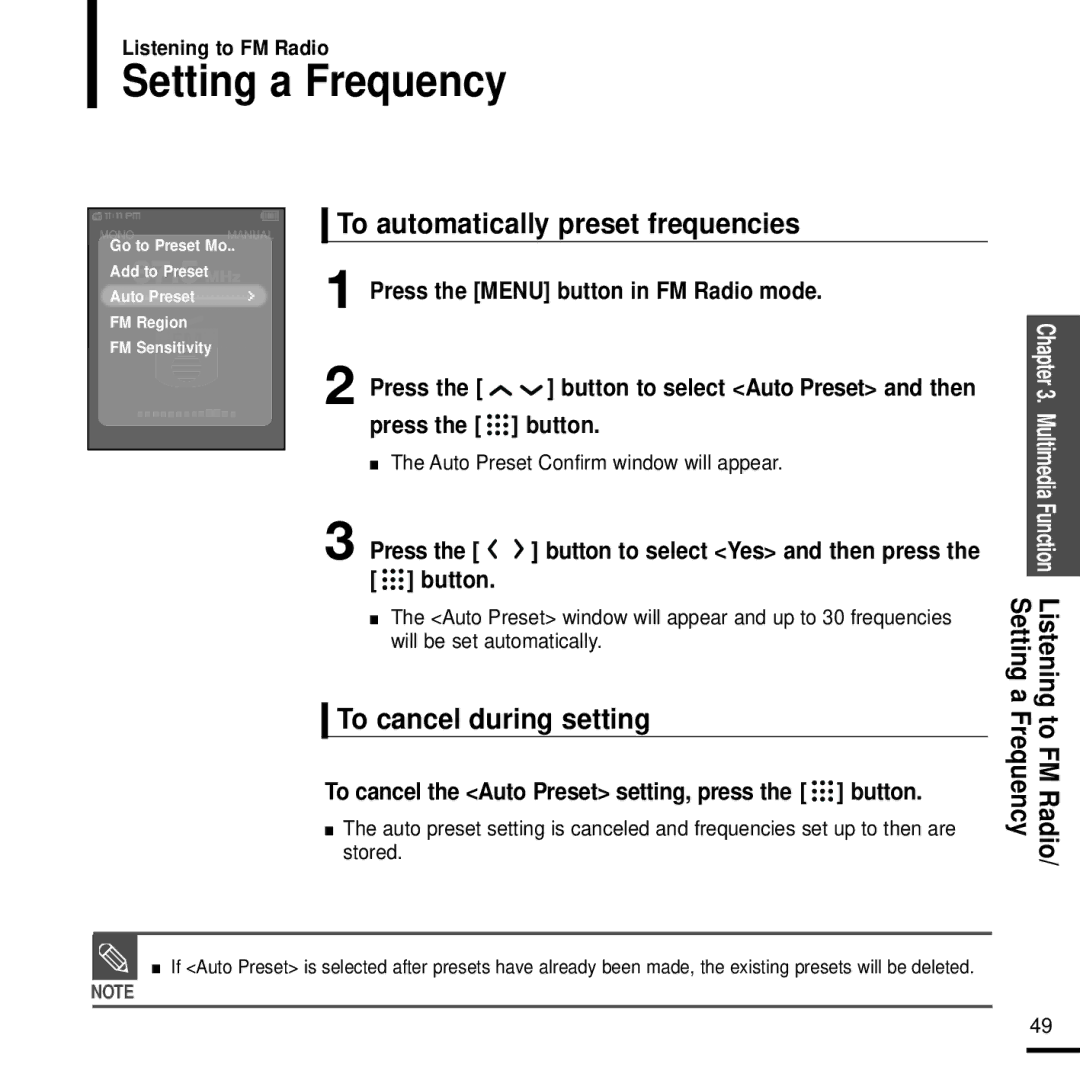 Samsung YP-T9J manual Setting a Frequency, To automatically preset frequencies, To cancel during setting 