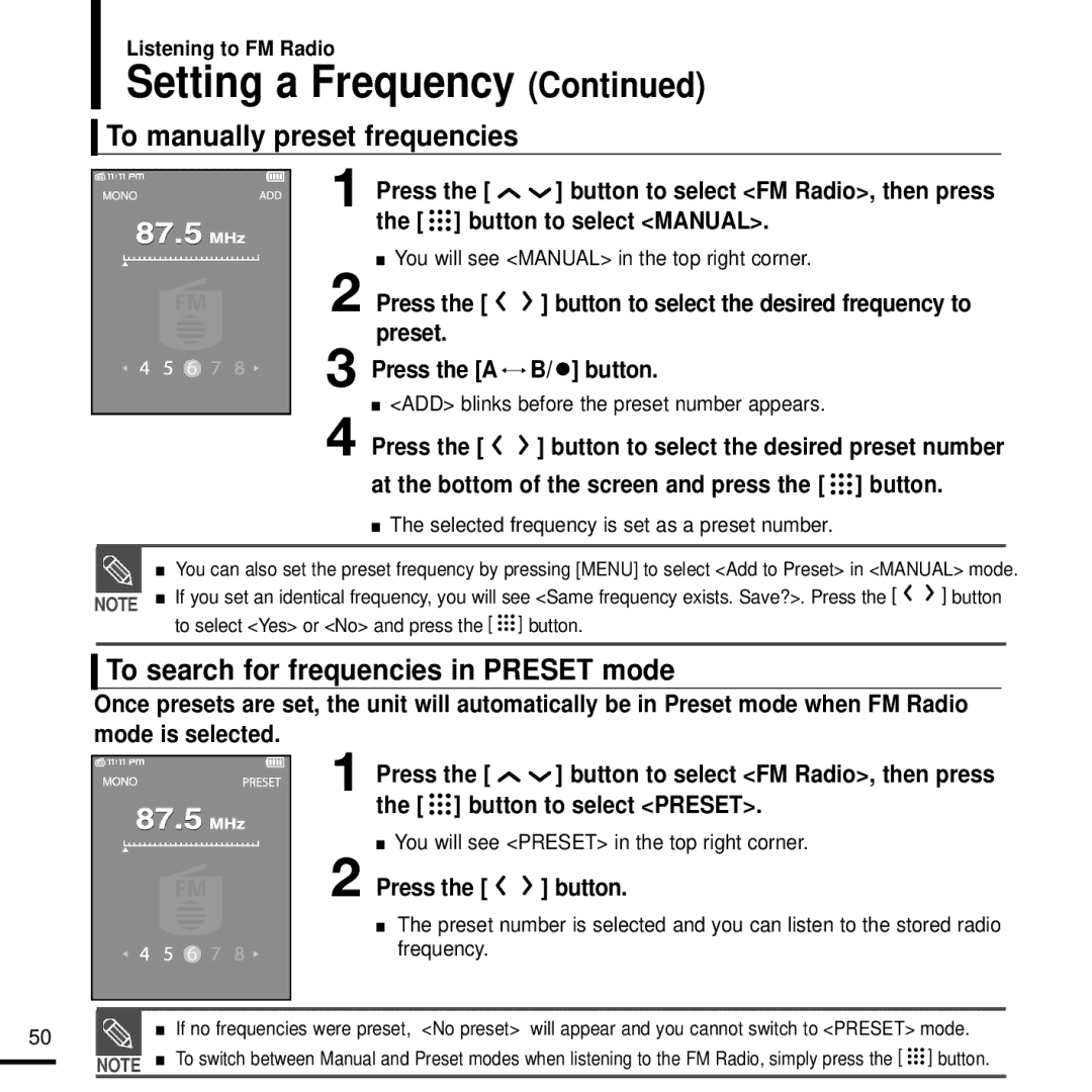 Samsung YP-T9J To manually preset frequencies, To search for frequencies in Preset mode 