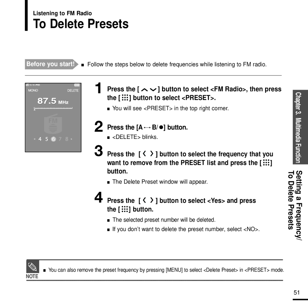 Samsung YP-T9J manual To Delete Presets, Want to remove from the Preset list and press the button 