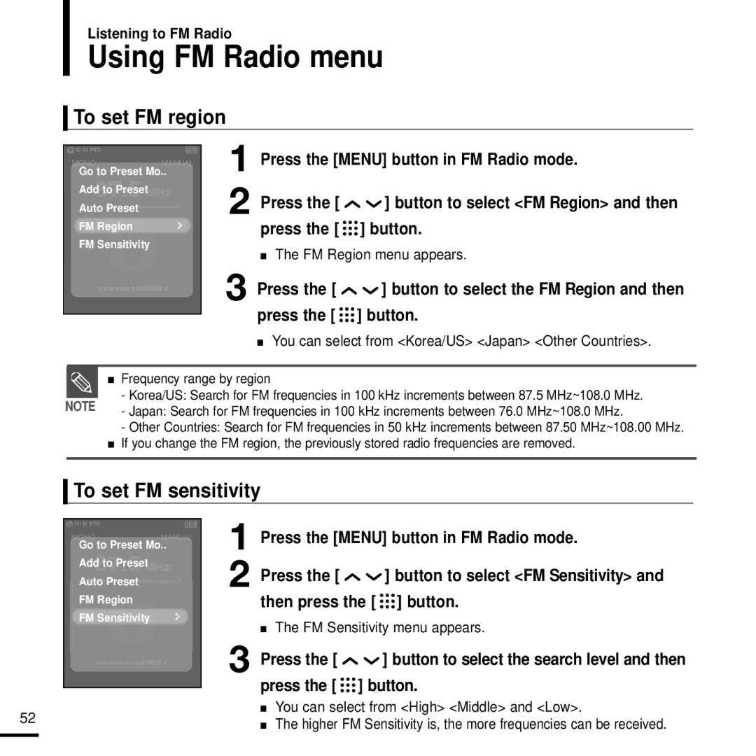 Samsung YP-T9J manual Using FM Radio menu, To set FM region, To set FM sensitivity 