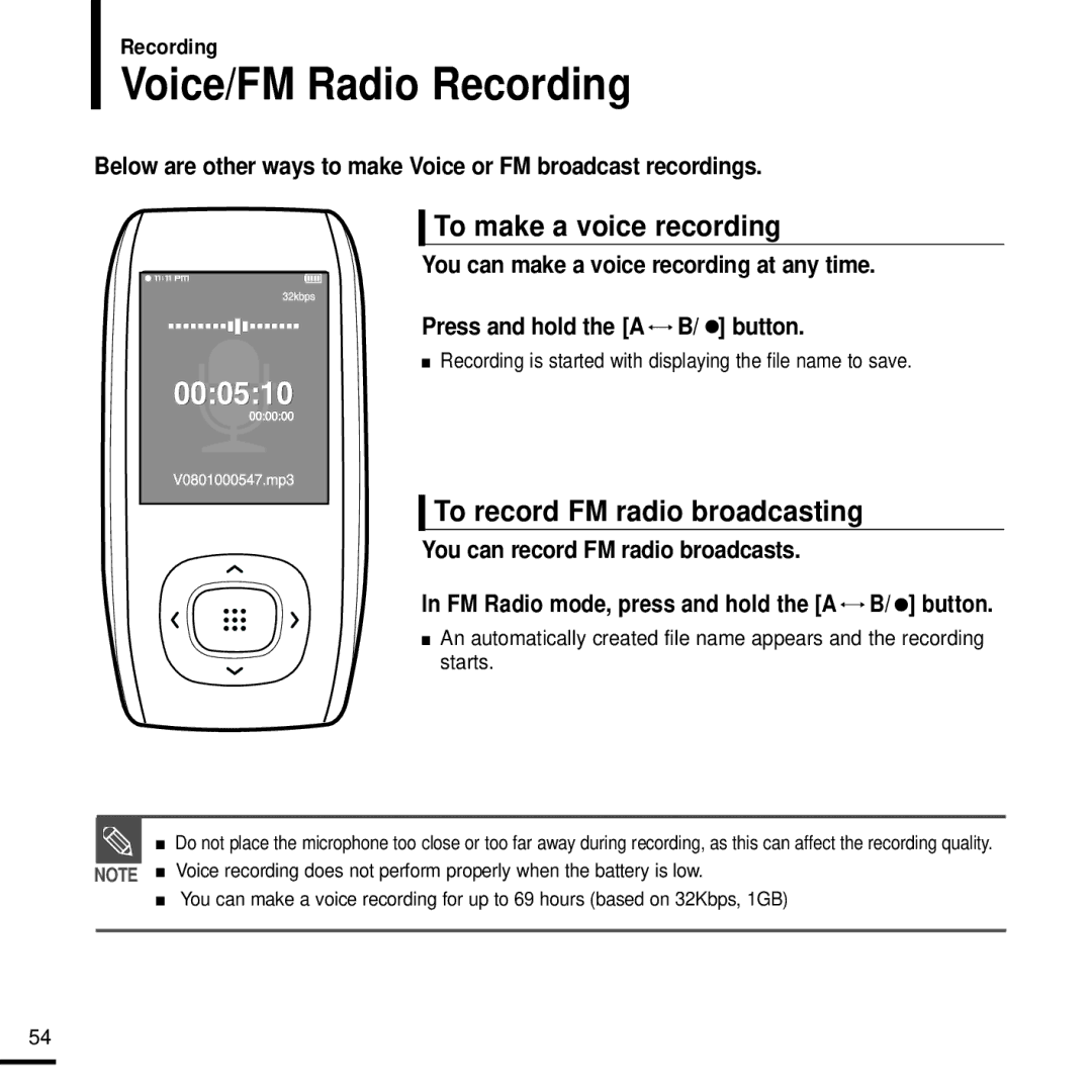 Samsung YP-T9J manual Voice/FM Radio Recording, To make a voice recording, To record FM radio broadcasting 