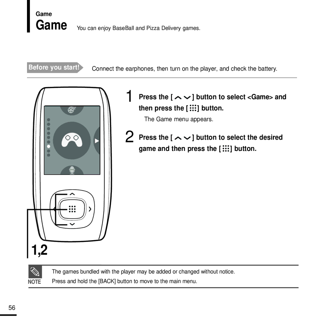 Samsung YP-T9J manual Press the button to select Game and then press the button, Game menu appears 