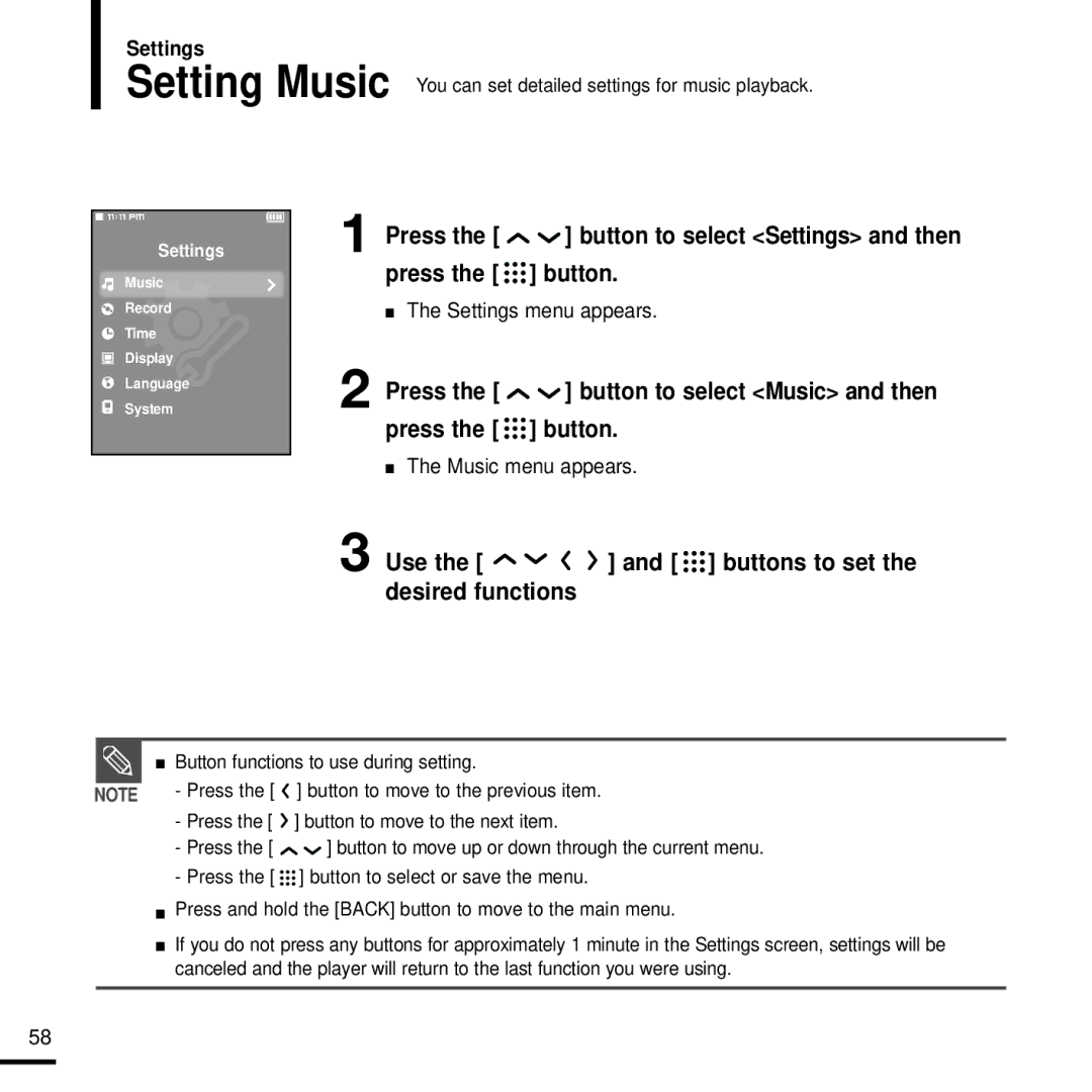 Samsung YP-T9J manual Press the button to select Music and then, Use Buttons to set Desired functions, Settings 