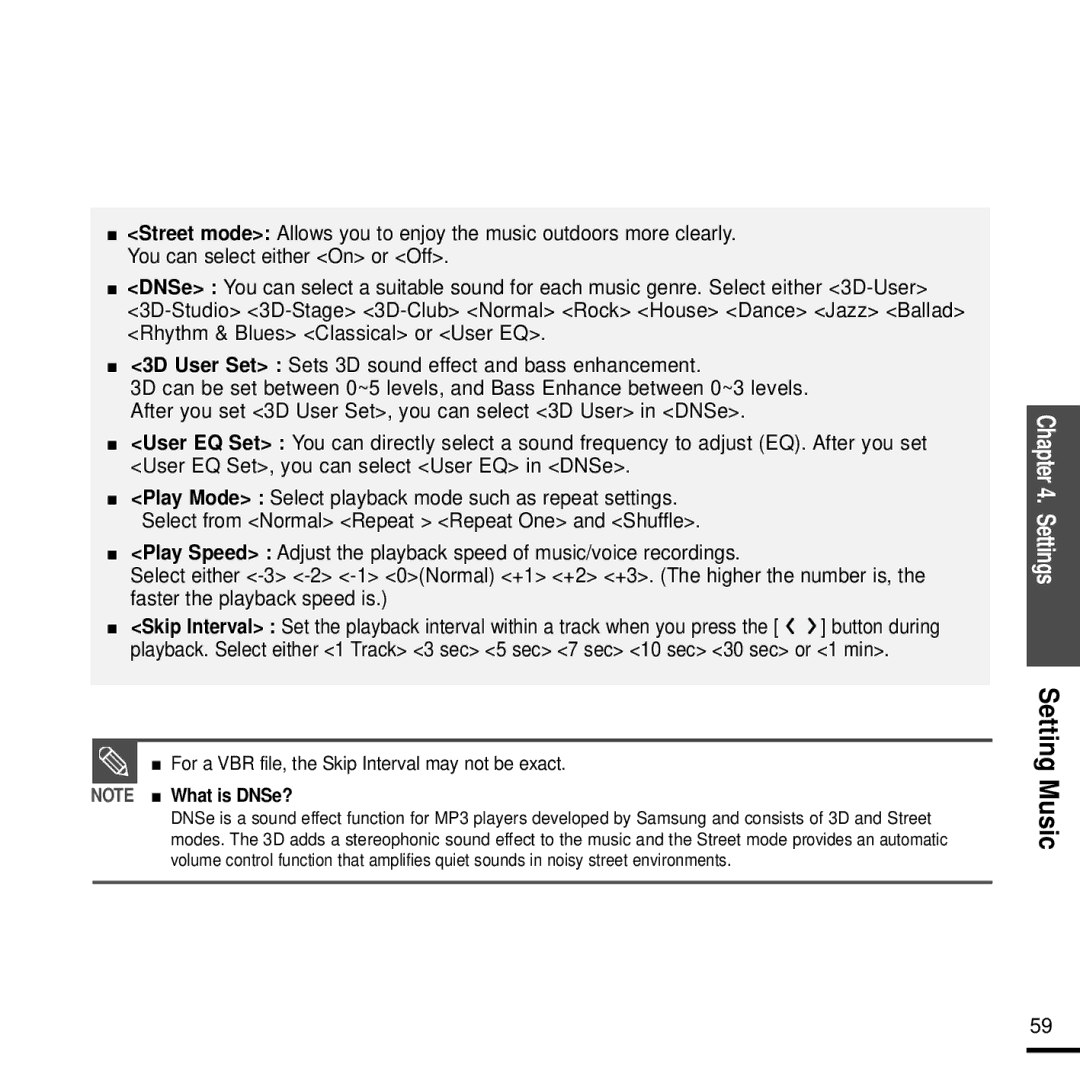 Samsung YP-T9J manual Settings Setting Music 