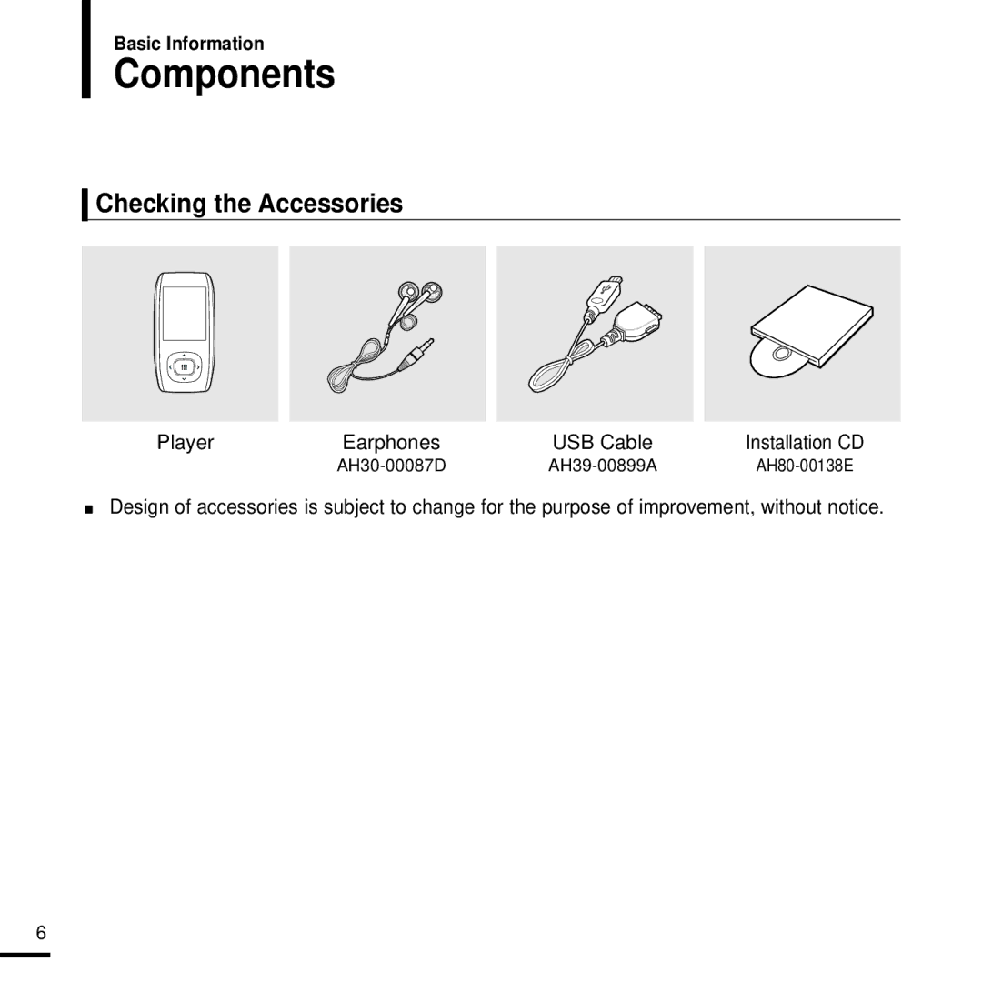 Samsung YP-T9J manual Components, Checking the Accessories, Basic Information, Player Earphones USB Cable 