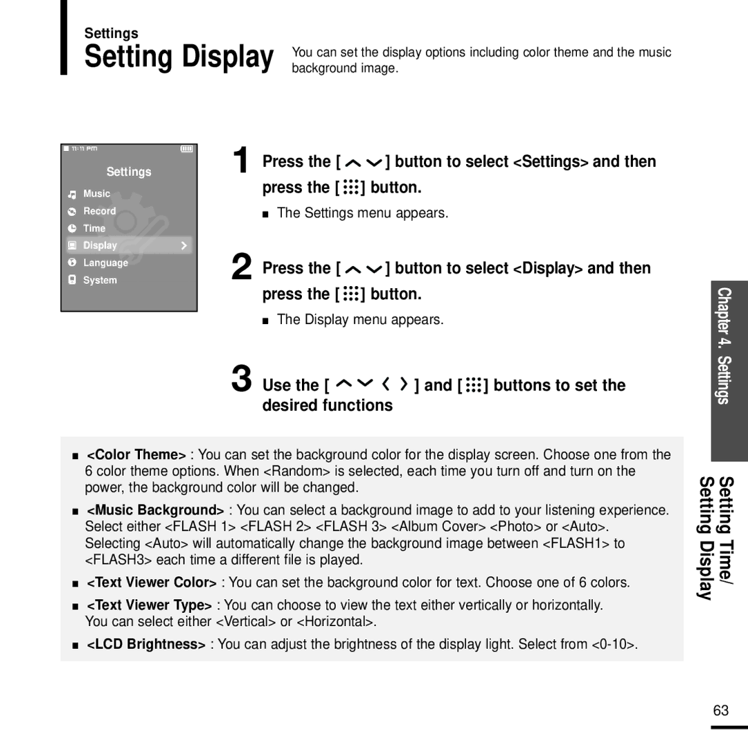 Samsung YP-T9J manual Press the button to select Display and then, Setting Time/ Setting Display, Display menu appears 