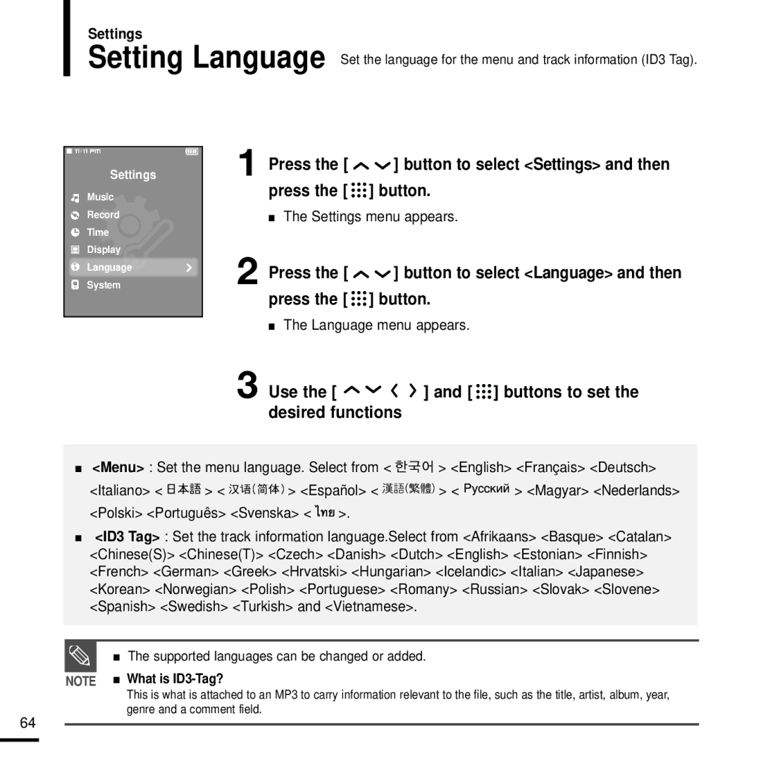 Samsung YP-T9J manual Press the button to select Language and then, Language menu appears 