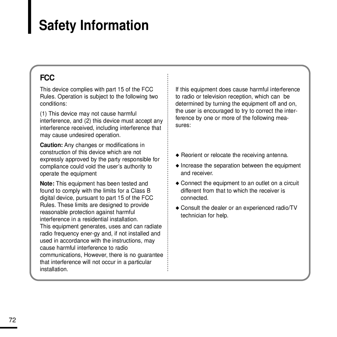 Samsung YP-T9J manual Safety Information, Fcc 