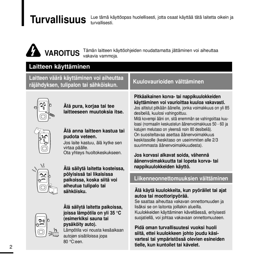 Samsung YP-T9JZU/XEE, YP-T9JBAB/XEE, YP-T9JBZB/XEE manual Laitteen käyttäminen, Älä anna laitteen kastua tai pudota veteen 