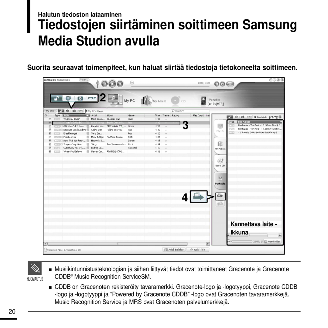 Samsung YP-T9JZU/XEE, YP-T9JBAB/XEE, YP-T9JBZB/XEE, YP-T9JQB/XEE Kannettava laite, Ikkuna, Cddb Music Recognition ServiceSM 