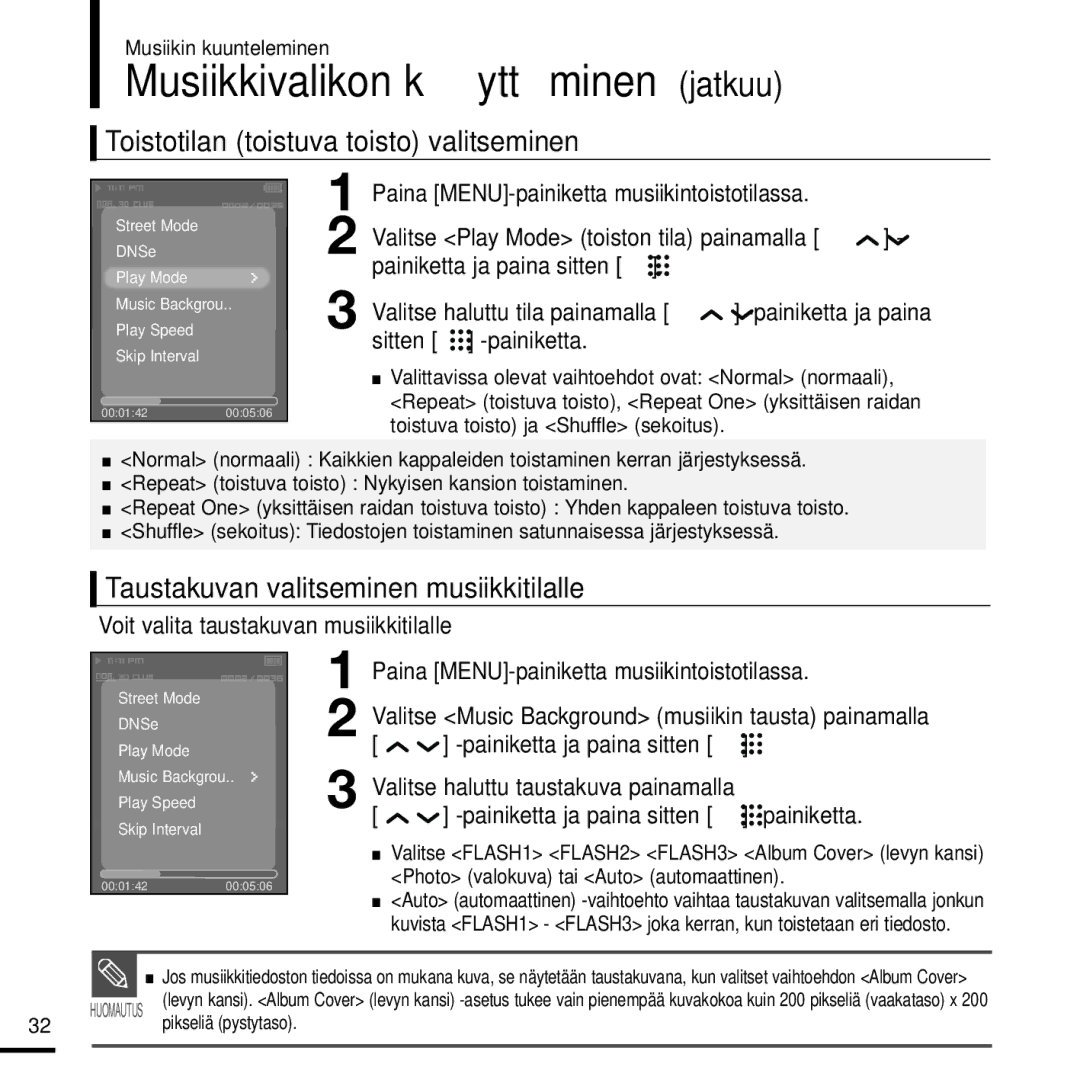 Samsung YP-T9JZU/XEE, YP-T9JBAB/XEE manual Musiikkivalikon käyttäminen jatkuu, Toistotilan toistuva toisto valitseminen 