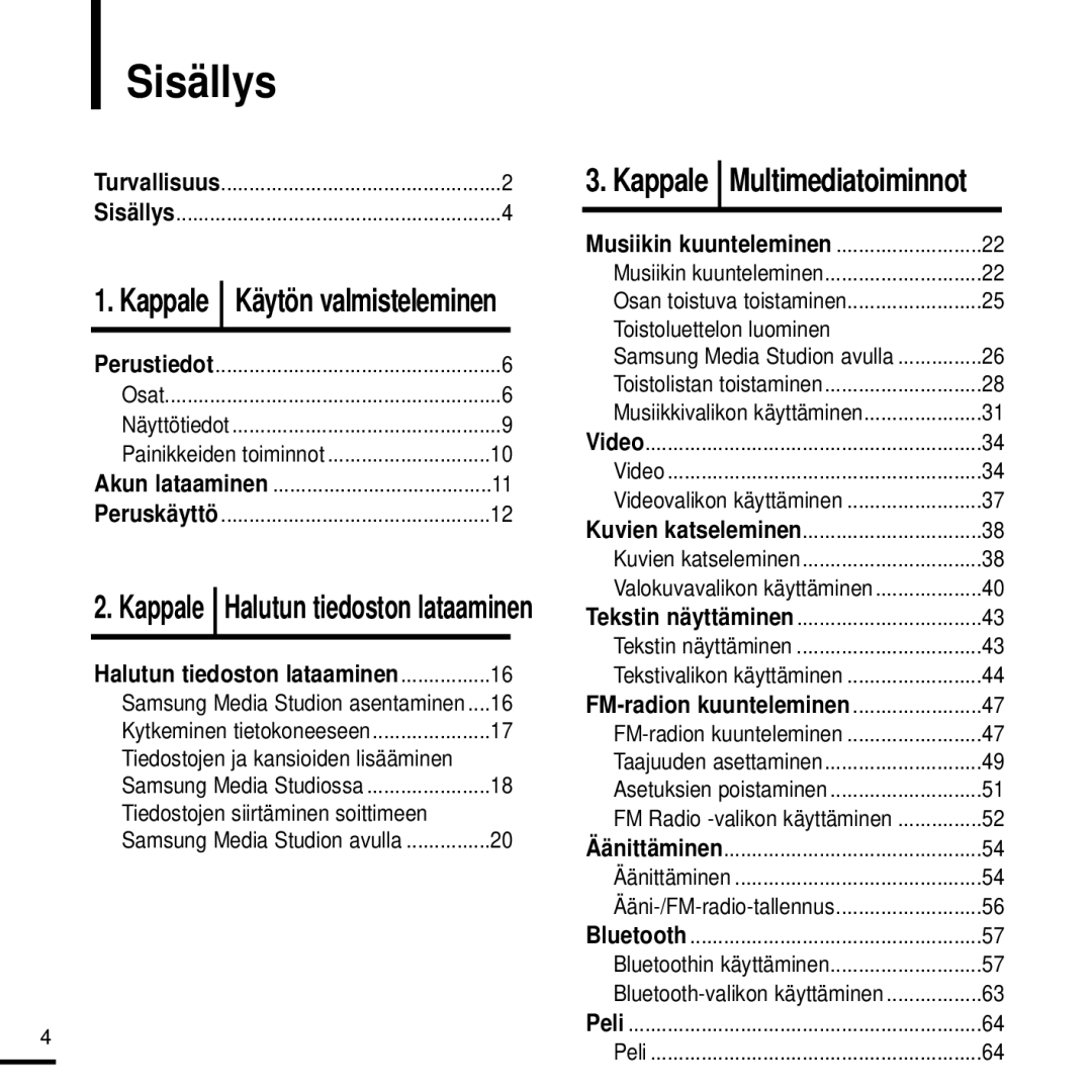 Samsung YP-T9JZB/XEE, YP-T9JBAB/XEE, YP-T9JBZB/XEE manual Sisällys, Kappale Käytön valmisteleminen, FM-radion kuunteleminen 