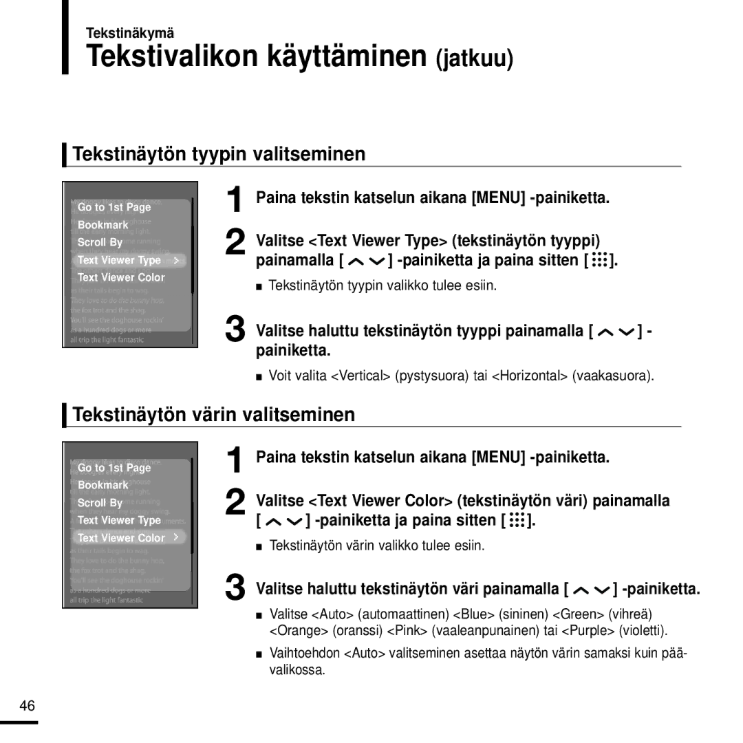 Samsung YP-T9JZB/XEE Tekstivalikon käyttäminen jatkuu, Tekstinäytön tyypin valitseminen, Tekstinäytön värin valitseminen 