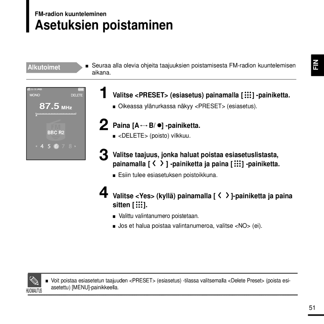 Samsung YP-T9JQB/XEE, YP-T9JBAB/XEE, YP-T9JBZB/XEE manual Asetuksien poistaminen, Painamalla Painiketta ja paina -painiketta 