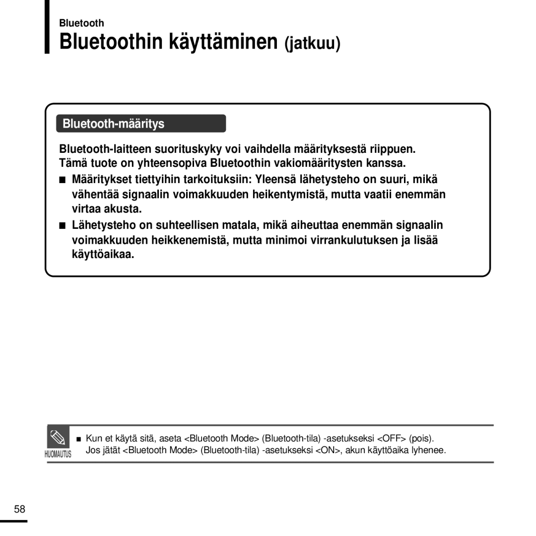 Samsung YP-T9JZB/XEE, YP-T9JBAB/XEE, YP-T9JBZB/XEE, YP-T9JZU/XEE manual Bluetoothin käyttäminen jatkuu, Bluetooth-määritys 