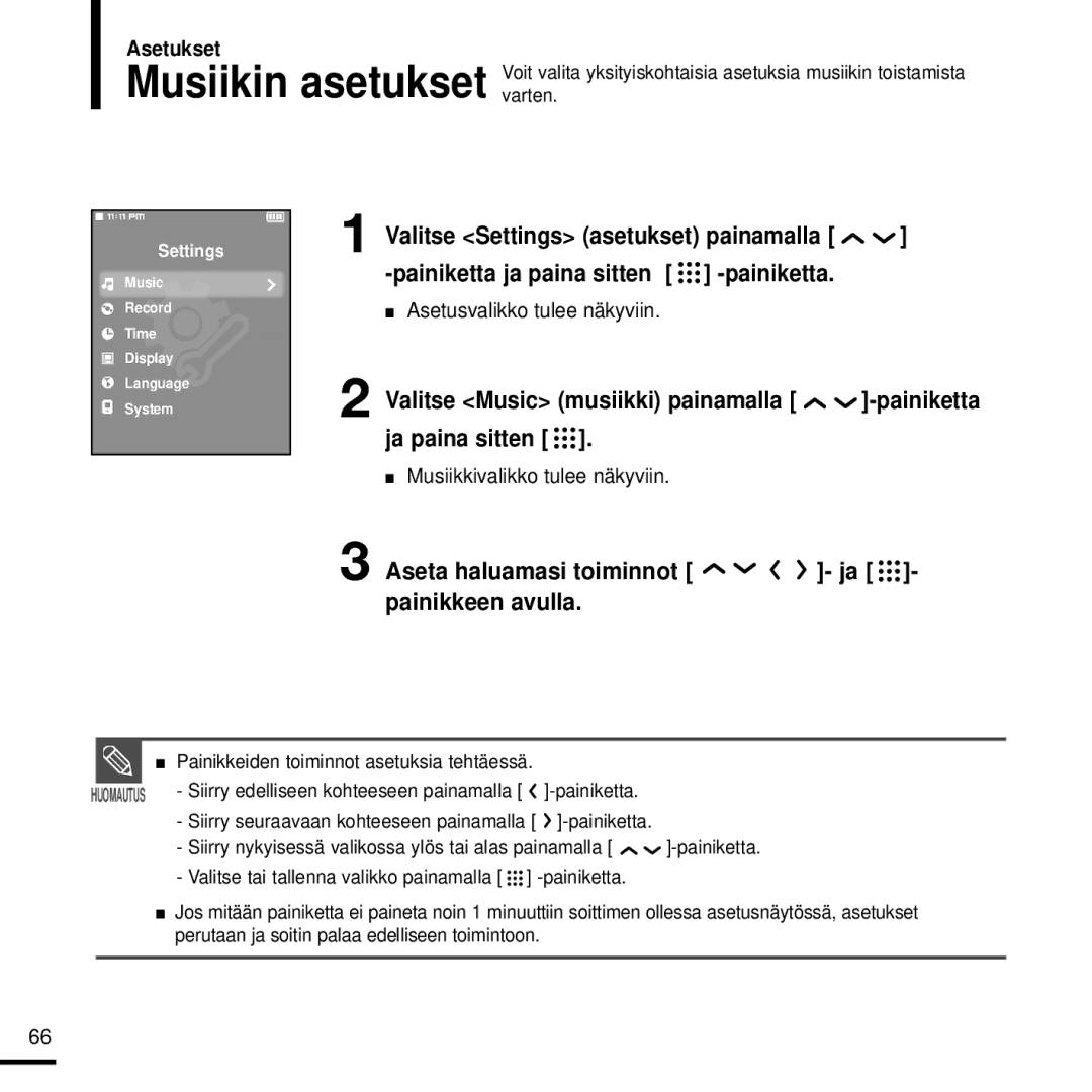 Samsung YP-T9JBAB/XEE Aseta haluamasi toiminnot ja painikkeen avulla, Asetukset, Valitse Settings asetukset painamalla 