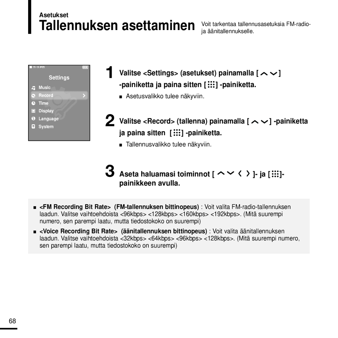 Samsung YP-T9JZU/XEE, YP-T9JBAB/XEE, YP-T9JBZB/XEE manual Ja paina sitten -painiketta, Tallennusvalikko tulee näkyviin 