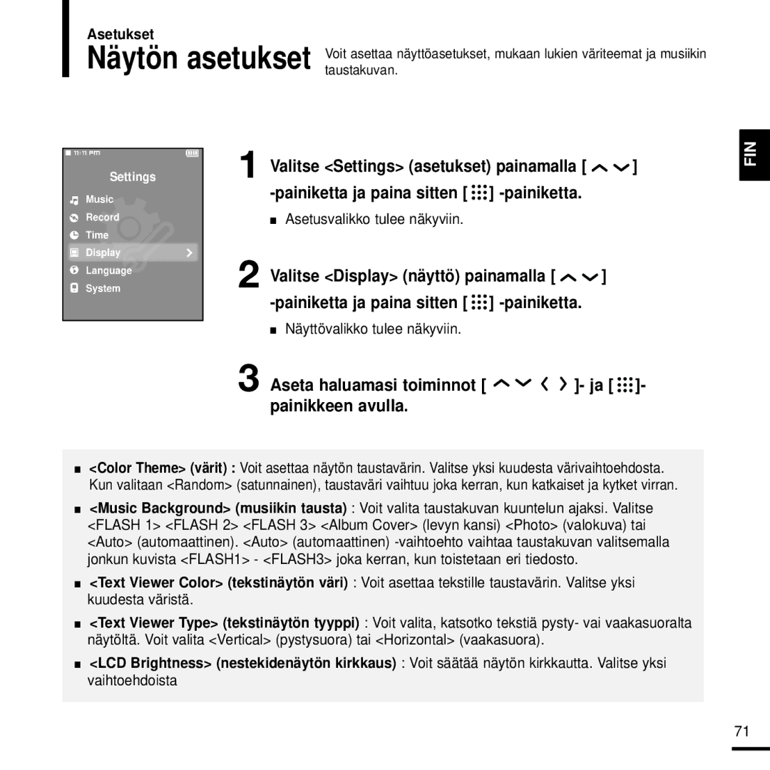 Samsung YP-T9JBQB/XEE, YP-T9JBAB/XEE manual Aseta haluamasi toiminnot Painikkeen avulla, Näyttövalikko tulee näkyviin 