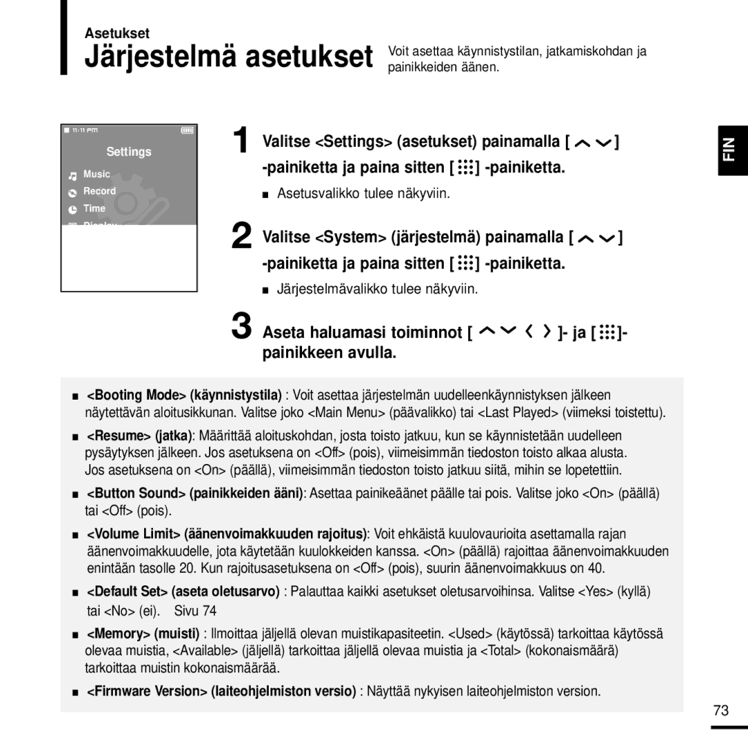 Samsung YP-T9JBZB/XEE, YP-T9JBAB/XEE, YP-T9JZU/XEE, YP-T9JQB/XEE, YP-T9JZB/XEE manual Järjestelmävalikko tulee näkyviin 