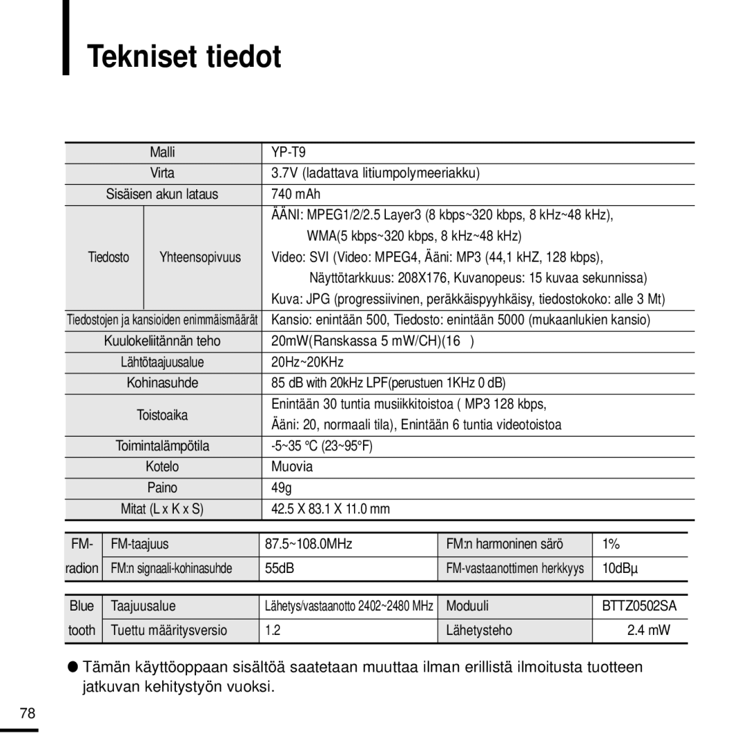 Samsung YP-T9JBAB/XEE, YP-T9JBZB/XEE, YP-T9JZU/XEE, YP-T9JQB/XEE, YP-T9JZB/XEE, YP-T9JBQB/XEE manual Tekniset tiedot 