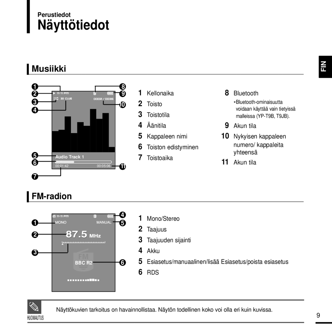 Samsung YP-T9JQB/XEE, YP-T9JBAB/XEE, YP-T9JBZB/XEE, YP-T9JZU/XEE, YP-T9JZB/XEE manual Näyttötiedot, Musiikki, FM-radion 
