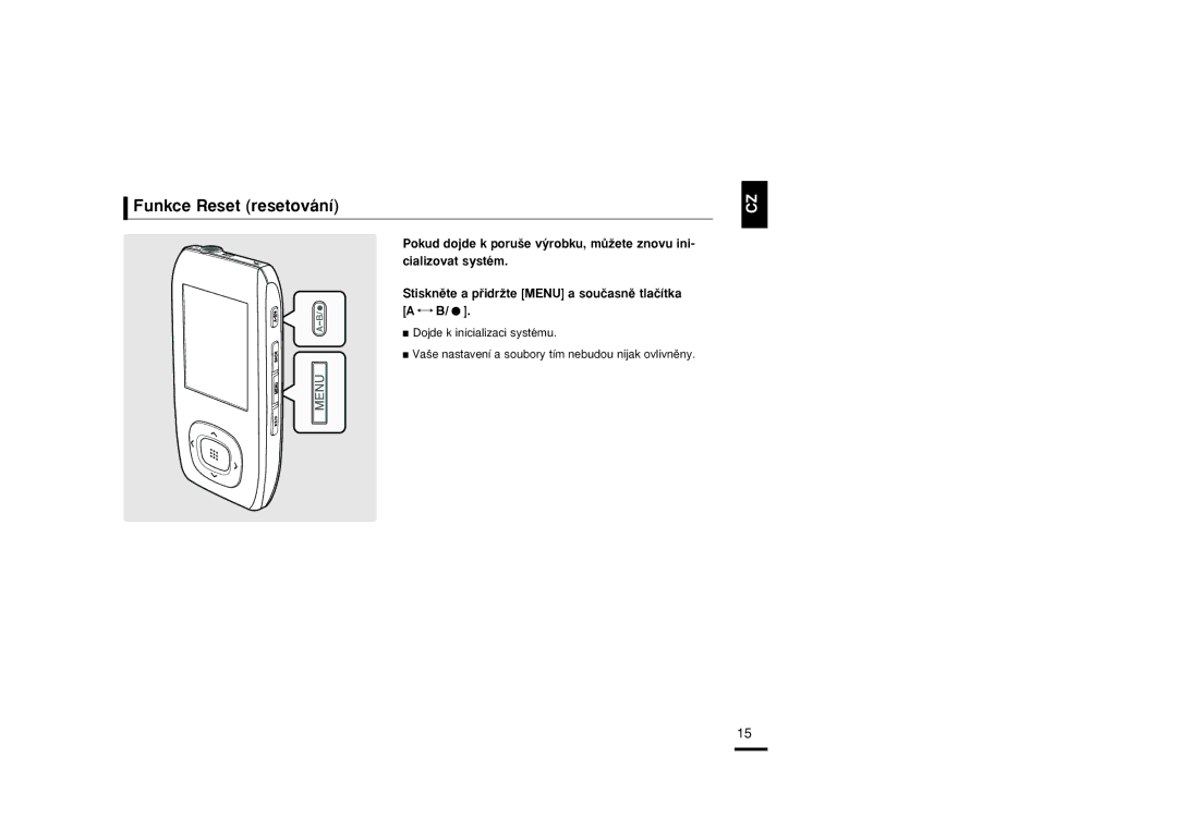 Samsung YP-T9JBAB/XEH, YP-T9JBZB/XEH, YP-T9JBQB/XEH manual Funkce Reset resetování 