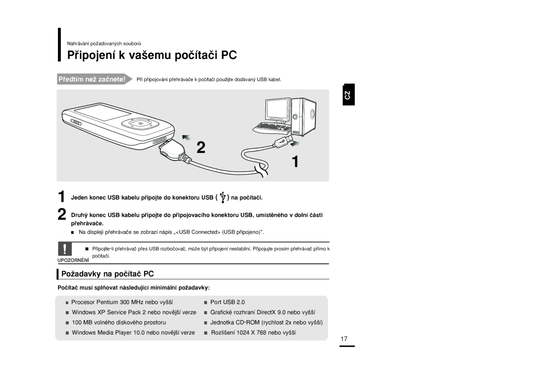 Samsung YP-T9JBQB/XEH, YP-T9JBAB/XEH, YP-T9JBZB/XEH manual Pﬁipojení k va‰emu poãítaãi PC, PoÏadavky na poãítaã PC 