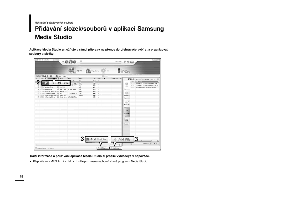 Samsung YP-T9JBAB/XEH, YP-T9JBZB/XEH, YP-T9JBQB/XEH manual Pﬁidávání sloÏek/souborÛ v aplikaci Samsung Media Studio 